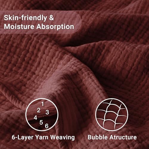 Image of 100% Cotton Muslin Blanket Queen 90 inch x 90 inch, 6 Layers Breathable and Lightweight Cotton Throw Blankets for Bed, Soft Cooling Summer Gauze Blanket for Adults All Season, Burgundy