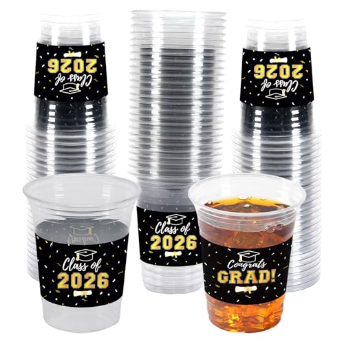 Labrostar 50Pcs Graduation Decorations 2026 Disposable Graduation Cups Congrats Grad Class of 2026 Decorations Graduation Party Supplies 16oz Black
