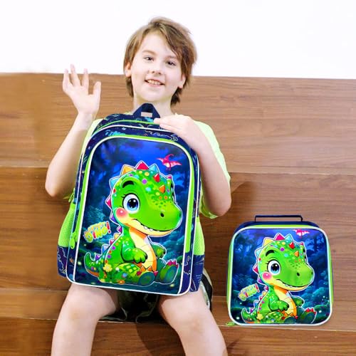 Image of AGSDON 3PCS Dinosaur Backpack for Boys, 16 inch Little Kids Preschool Bookbag, Elementary Backpacks and Lunch Box - Green