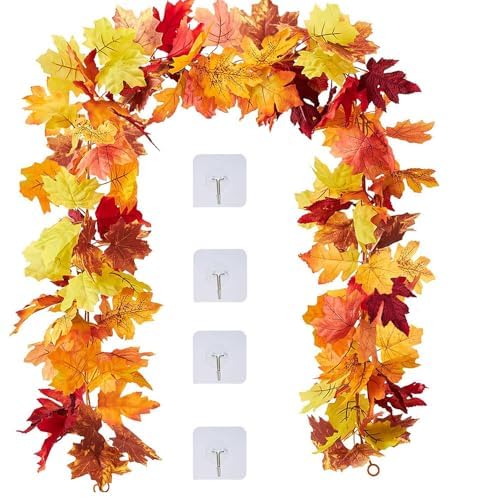 Herbst Girlande Ahornblätter 176 cm 2 Stück Künstliche Ahornblätter Herbst Herbstblätter Herbstgirlande für Drinnen Erntedankfest Halloween Abendessen Party mit 4pcs Transparente Klebehaken