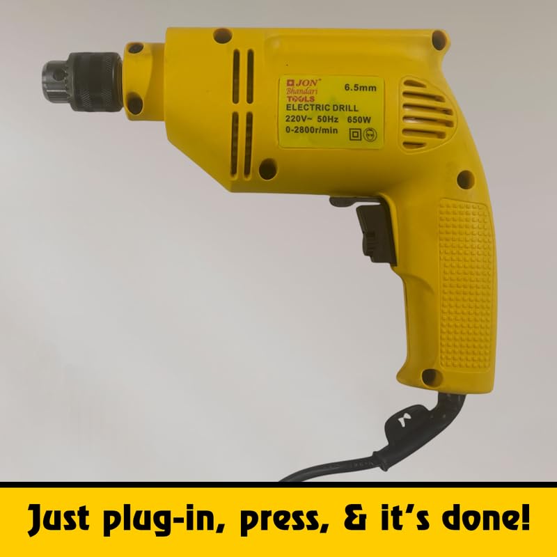 Image of Jon Bhandari Tools Corded Electric Drill Machine - 6.5mm, 650W, 2800RPM, 220V | Variable Speed & Reverse Function | Compact Heavy Duty Power Tool for Wood, Metal, Masonry & DIY Projects