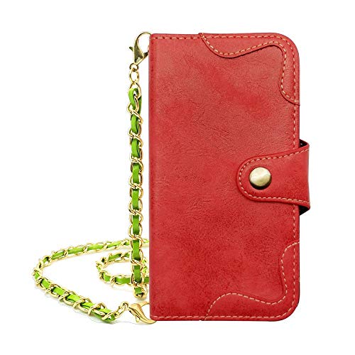 sslink iPhone17 Pro Max アイフォン17プロマックス 対応 手帳型 スマホ ケース (レッド) アンティーク調 ヴィンテージ ビンテージ ロング チェーン ストラップ 付き (チェーン/グリーン) PUレザー 合皮 ダイアリータイプ