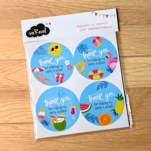 Image of Beach and Swimming Pool Theme Thank You Party Stickers, 40 Count, 2 Inches, Round, 4 Unique Designs, Matt-Finish Paper