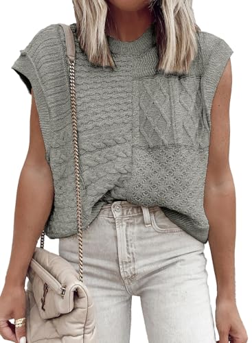 Image of EVALESS Womens Short Sleeve Sweater Summer Fall 2025 Round Neck Crochet Pullover Cap Sleeve Knit Oversized Sweater Vest Tops