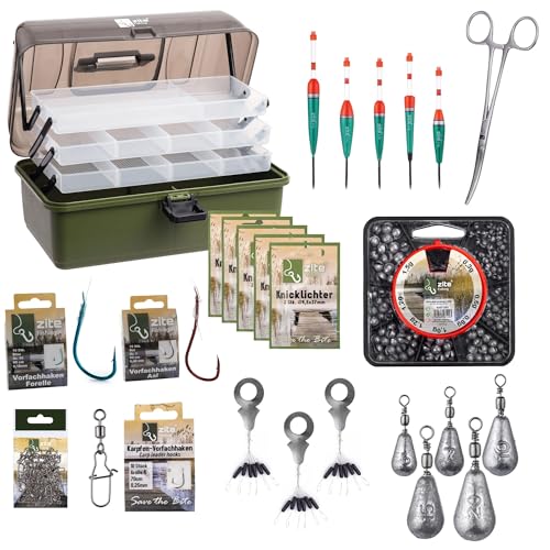 Zite Fishing Angelkoffer-Set mit viel Zubeh&ouml;r | Angelhaken, Posen, Bleie, Wirbel uvm. | Grundausstattung f&uuml;r Angler | Angelkiste 3-Ladig Bef&uuml;llt, Angelzubeh&ouml;r Set, Angelbox, Angler Zubeh&ouml;r Angelsachen