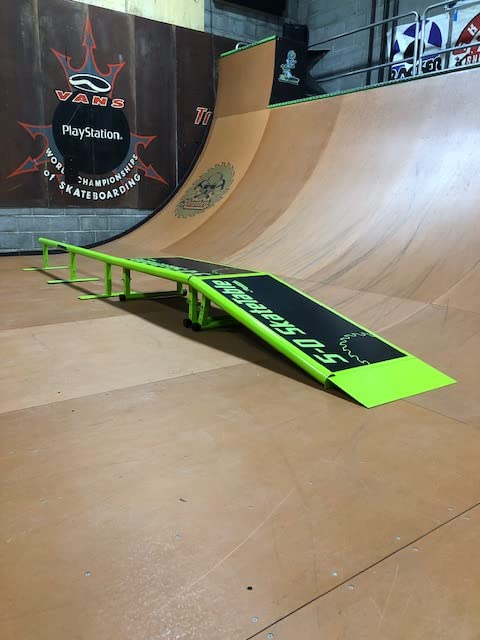Ramptech 5-0 Fly Rail Combo (2 - Skate Tables, 1- Round Rail) Weatherproof, Heavy-Duty Indoor and Outdoor Skateboard Ramp - Portable, Modular, Expandable, Connectable Skateboard ramp Lime Green