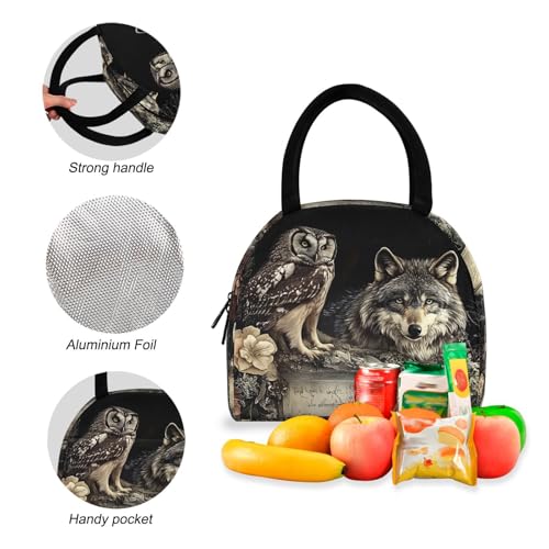 Owl and Wolf Print Backpack Set with Lunch Bag, Large Capacity Travel Backpacks and Lunch Box Insulated for Commute Hiking Picnic4
