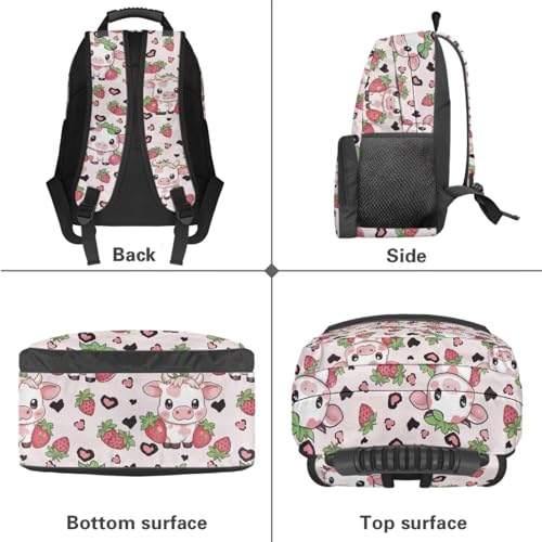 Suobstales Cow Strawberry Heart Leopard Print Backpack Set for Girls Kids 4 in 1 School Bookbags Set with Lunch Bag/Pencil Case/Water Bottle Carrier Bag for Kindergarten Elementary School Students4
