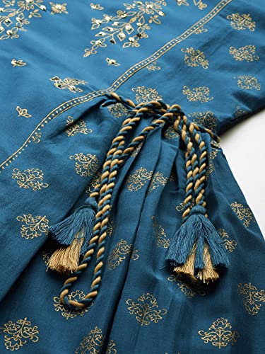 Image of ishin Women's Silk Teal Embellished Foil Print A-Line Flared Kurta