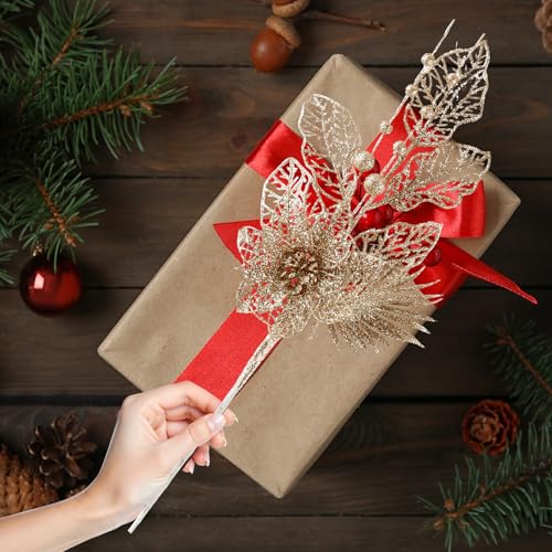 24 Pack Christmas Tree Ornaments - Artificial Flowers Glitter Berry Stems Christmas Floral Picks Branches for Xmas Tree Decorations Vase Filler Holiday Wedding Party Home Decor (Champagne) — view 5