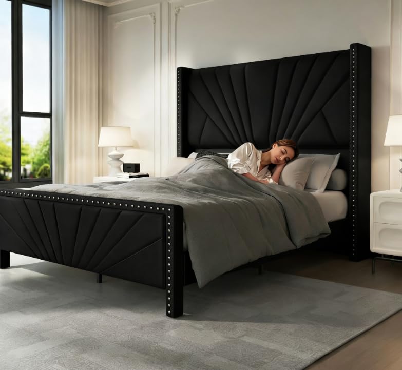 upholstered Basics Tall headboard Soft Metal Platform Bed Frame King Size no Box Spring Needed Black Color
