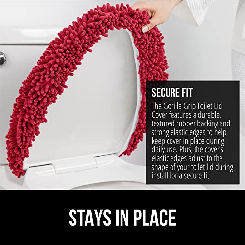 Image of Gorilla Grip Original Shag Chenille Bathroom Toilet Lid Cover, 19.5 x 18.5 Inches Large Size, Machine Washable, Ultra Soft Plush Fabric Covers, Fits Most Size Toilet Lids for Bathroom, Red