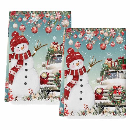 Artwork Store Turquoise Gradient Xmas Floral Balls Red Truck Snowman Kitchen Towels 2 Pack Absorbent Cotton Dishtowels Bar & Tea Towels Set,18x28 Inches Ultra Soft Hand Towels Quick Drying Dishcloth