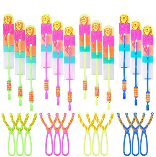 LEEHUR Toys for 6 Year Olds Boys 24pcs Light up Rocket Slingshot LED Rocket Copters Arrow Helicopter Glow in the Dark Party Supplies Birthday Class Prizes Easter Egg Fillers Basket Stuffers Goodie Bag