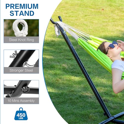 Image of PNAEUT Double Hammocks with Stand for Outside, Portable Space Saving Heavy-Duty Steel Stand for Indoor Outdoor Patio with Carrying Bag, 450 lbs Capacity (Green)