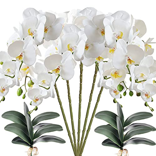 HinyoCo 5 Pcs Artificial Orchid Flowers and 4 Bundles Leaves, Artificial Phalaenopsis Flowers 32 Inch Stem Plants for Home Wedding Decoration (White)