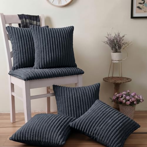 Image of Yellow Weaves Pencil-Stripe Fur Cushion Covers | Soft Polyester | Decorative Sofa & Throw Pillow Covers | 16x16 Inches, Pack of 5 (Bluish Grey)