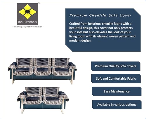 Image of Premium Chenille Woven Anti-Slip 3 Seater + 2 Seater Sofa Cover with Arm Rest | L-Shape Sofa Seat Protector for Living Room | Durable & Stylish Slipcover - Navy Blue - 3D