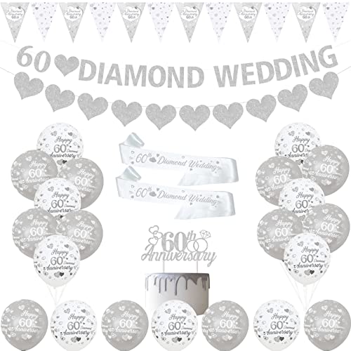 60th Wedding Anniversary Decorations - Silver Diamond Balloons, Banner, Heart
