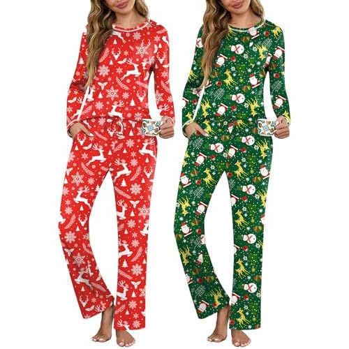 Marvmys Womens Pajama Sets 2 Pack Pajamas Long Sleeve Pj Sets Tops and Pants Printed Pjs Sleepwear with Pockets S-3XL Medium Green Snowman, Red Elk