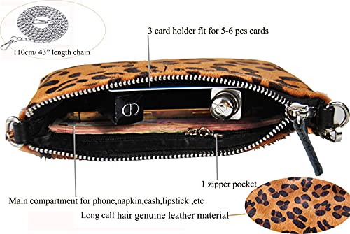 Leopard Print Purse [ Calf Hair On Hide Leather] Fur Clutch [Luxury Exclusive] Wild Animal Pattern Vintage [Small] Evening Bag Winter Envelope Chain Underarm #TOP2