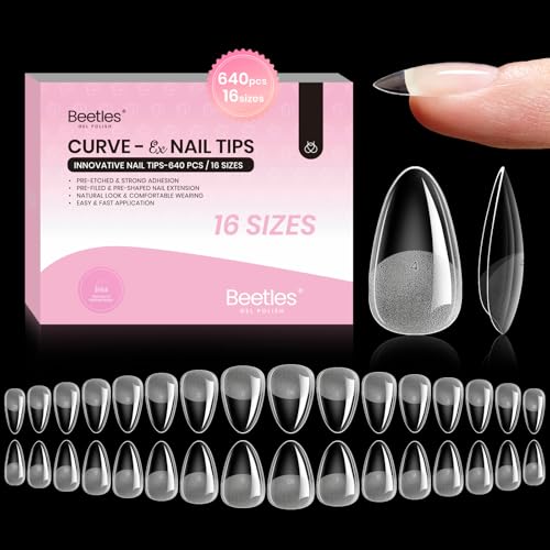 Image of Beetles Gel Almond Nail Tips Short, Curve-EX 640pcs 16 Sizes, Etch-X Half Matte Full Cover Soft Acrylic False Press on Nail Tips Easy DIY Nail Extension Art Salon for Curved & Natural Nail Beds