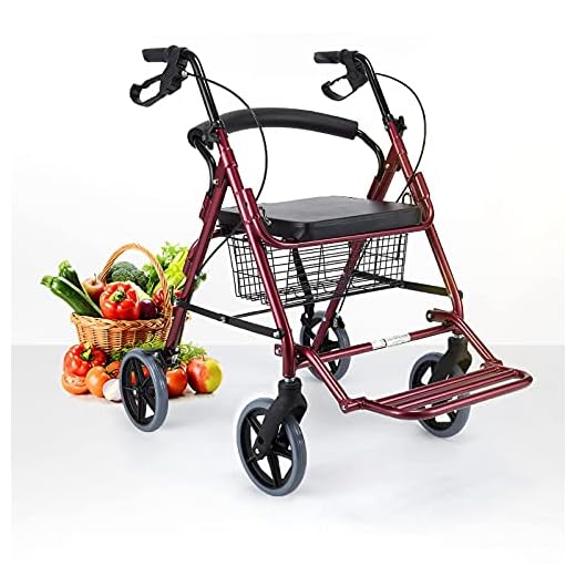 Seniors Lightweight Foldable Walker Adjustable Handle Height with Basket Backrest Footrest with Seat 8 Inch Wheels for Outdoor All Terrain