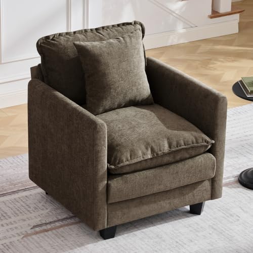 Image of 30'' Cloud Single Couch, Cloud Sofa with Throw Pillow, Modern 1 Seater Reading Chair with Deep Seat, Accent Chairs for Living Room, Bedroom, Small Apartment, Brown