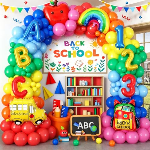 155Pcs Back to School Balloon Arch Kit with School Bus Bag rainbow Apple ABC and 123 Foil Balloons for First Day of School Welcome Back to School Kindergarten Graduation Decor(Back to school)