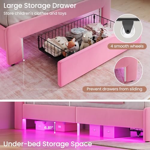 Image of DICTAC Twin Size Princess Bed Frame with Storage Drawer and Safety Guardrails, LED Velvet Upholstered Platform Bed for Girls with Wavy Storage Headboard,Charging Station,Heavy Duty Metal Support, Pink