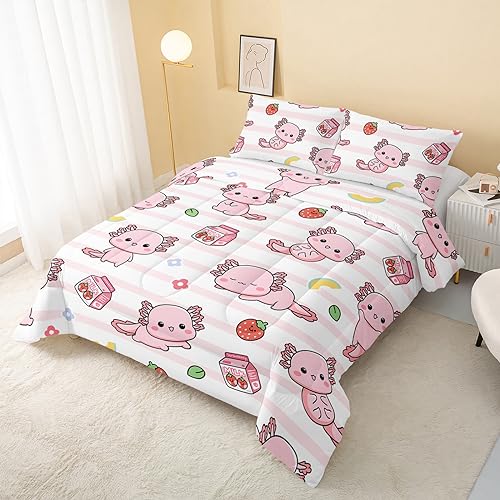 QOOMO Pink Striped Axolotl Bedding Set Marine Life Kids Comforter Set Cartoon Strawberry Milk 3D Quilt Set Bedroom Decoration Queen Size 1 Comforter Set 2 Pillowcases Lightweight Fluffy Down Duvet
