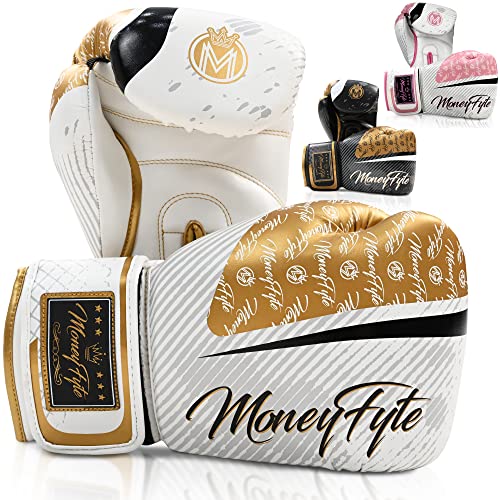 Boxing Gloves for Men & Women - Boxing, Kickboxing, Muay Thai, MMA, Training & Sparring - Punching Bag & Heavy Bag Gloves - MoneyFyte (White/Gold, 16 oz)
