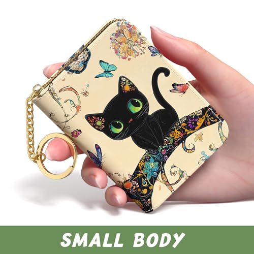 Image of Aiawoxc Credit Card Holder, Small RFID Wallet Slim Leather Card Organizer Case with Zipper and Keychain, Cute Cat