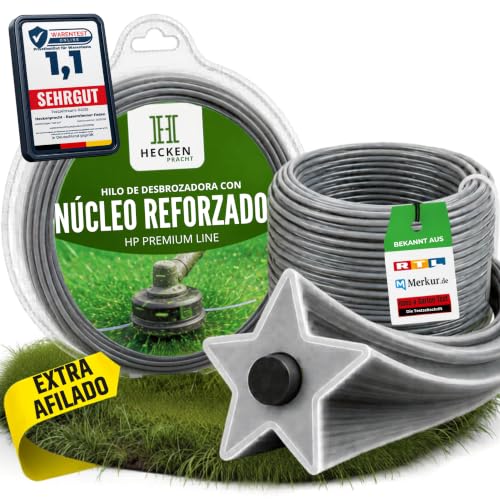 Heckenpracht® Hilo desbrozadora con núcleo reforzado 3 mm ⌀ x 50 m | perfil estrella extra afilado | hilo para desbrozadora | hilo para cortabordes | hilo nylon