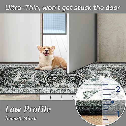 Madane Hallway Washable Runner Rug 2x10, Vintage Kitchen Rugs Soft Entryway Rug Runner Non Slip Indoor Floor Carpet for Bathroom Living Room Bedroom, Grey Green/Black Olive