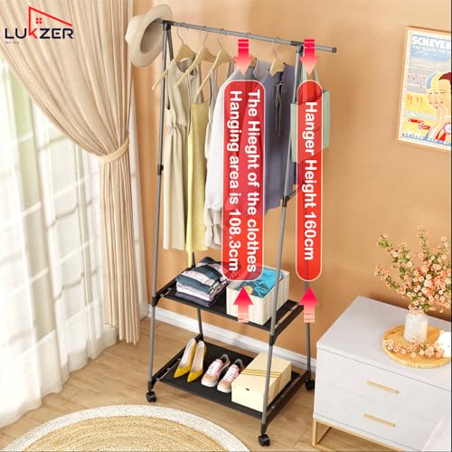 Image of Lukzer A-Shape MGR-010 /Grey Garment Rack with 2 Bottom Shelves | Multipurpose Coat Hanger & Clothes Organizer Stand | Space Saving Clothing Display for Bedroom, Entryway, Living Room (160x55x42cm)