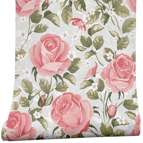 Forro de estantes rosa de 17.7 pulgadas y 2 rollos de papel adhesivo de flores para muebles 6