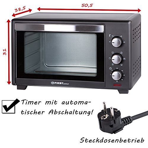 Foto von TZS First Austria - 30 Liter, 1600 Watt Minibackofen mit Innenbeleuchtung und Umluft herausnehmbares Krümelblech | Mini Pizza-Ofen | Doppelglastür | Timer | Backofen | Mini Backofen | Pizzaofen