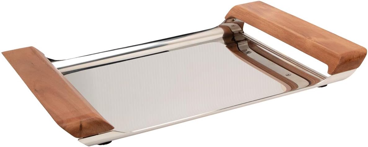 SavoraAvenue Stainless Steel Bar Tray with Acacia Handles, 11" x 14", Silver