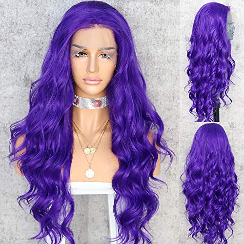 QD-Udreamy Purple Color Synthetic Lace Front Wigs Long Natural Wave Cosplay Wigs Heat Resistant Fiber Hair 24inch