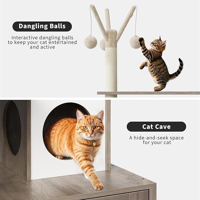 Arbre à Chat avec litière, Meuble Litiere Chat 140cm, Moderne Arbre Chats avec Kit Anti-Bascule, avec 2 Grandes Plateformes, 2 Armoires Cachées et des Balles Suspendues,Gris