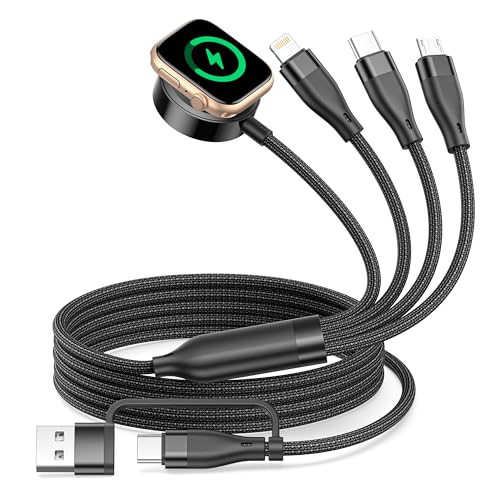 Bamkey Cavo di Ricarica Multiplo 4 in 2 con Caricatore Apple Watch, 1.2 M Nylon Intrecciato Compatibile con iWatch Ultra/SE/11/10/9/8/7/6, per iPhone 17 16 15 14 Pro Max/Pro/Air e la serie Samsung