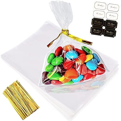Transparent Plastic Biscuit Bag 100 Pieces OPP Bags 15 x 20 cm with 100 Thank You Labels and Ties for Biscuits, Sweets, Beads, Chocolates, Gift Cover