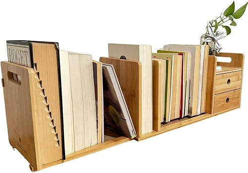 ECOHOME Estantería de escritorio expandible con dos cajones organizadores hechos de bambú, diseño plegable y compartimentos para una organización