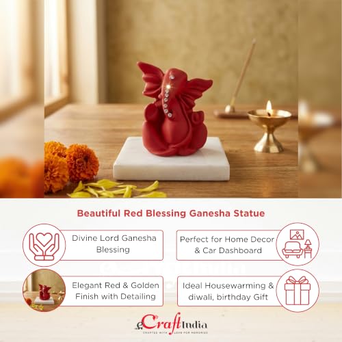 Image of eCraftIndia Red Ganesha Statue | Lord Ganesha Idol for Home Decor Car Dashboard | Ganesh Ganpati Murti Gift for Diwali Housewarming Birthday