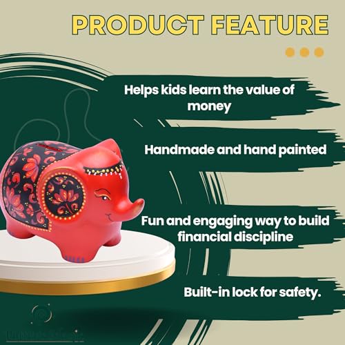 Image of Potter's Magic Ceramic Hand Painted Elephant Piggy Bank with Lock | Modern Lucky Money Bank | Piggy Bank for Womens | Mitti ka Gullak | Kiddy Bank for Boys & Girls (Without Glaze) (Red)