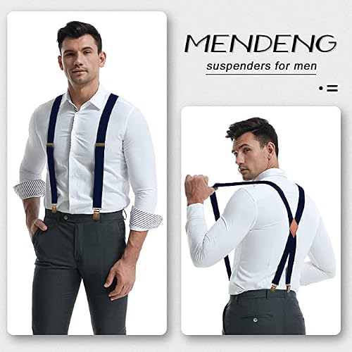 Mendeng Navy Blue Suspenders For Men Heavy Duty Clips Retro Leather Braces Party #TOP4