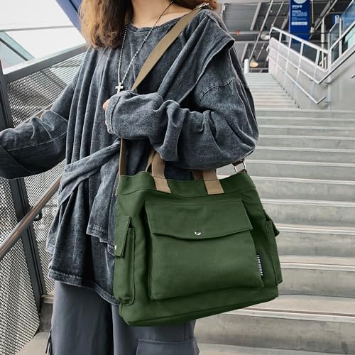 Image of Canvas Messenger Tote Bag Large Hobo Crossbody Bag with Multiple Pockets Casual Shoulder Handbag for Women and Men