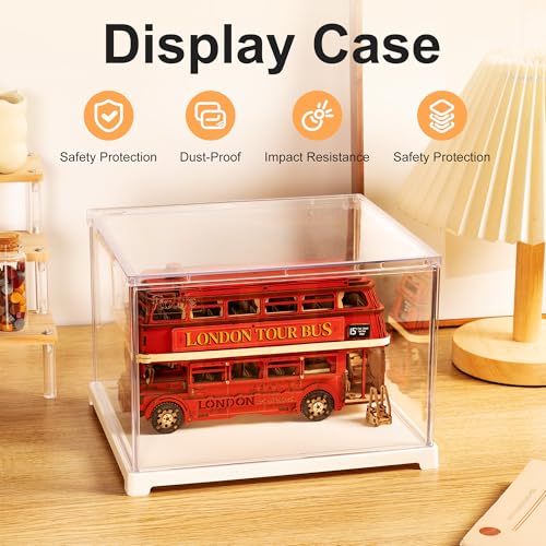 Image of Rolife Acrylic Display Case Dust Cover for Collectibles, Dustproof Protection Showcase with White Base with Door for Mini Dollhouse, 3D Puzzles (8.8''x7.6''x6'')