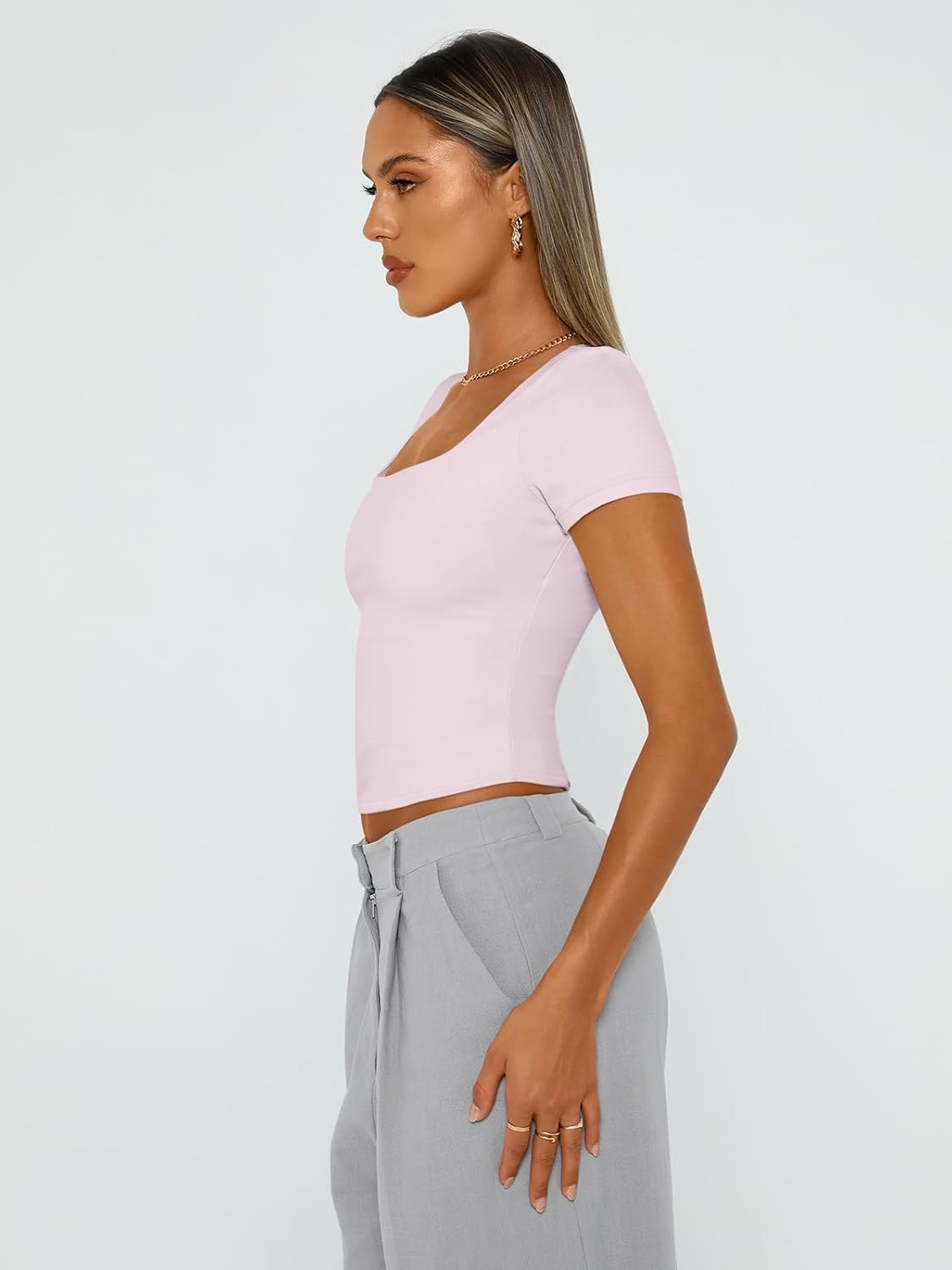 Trendy Queen Womens Double Lined Short Sleeve Square Neck Crop Tops image 5
